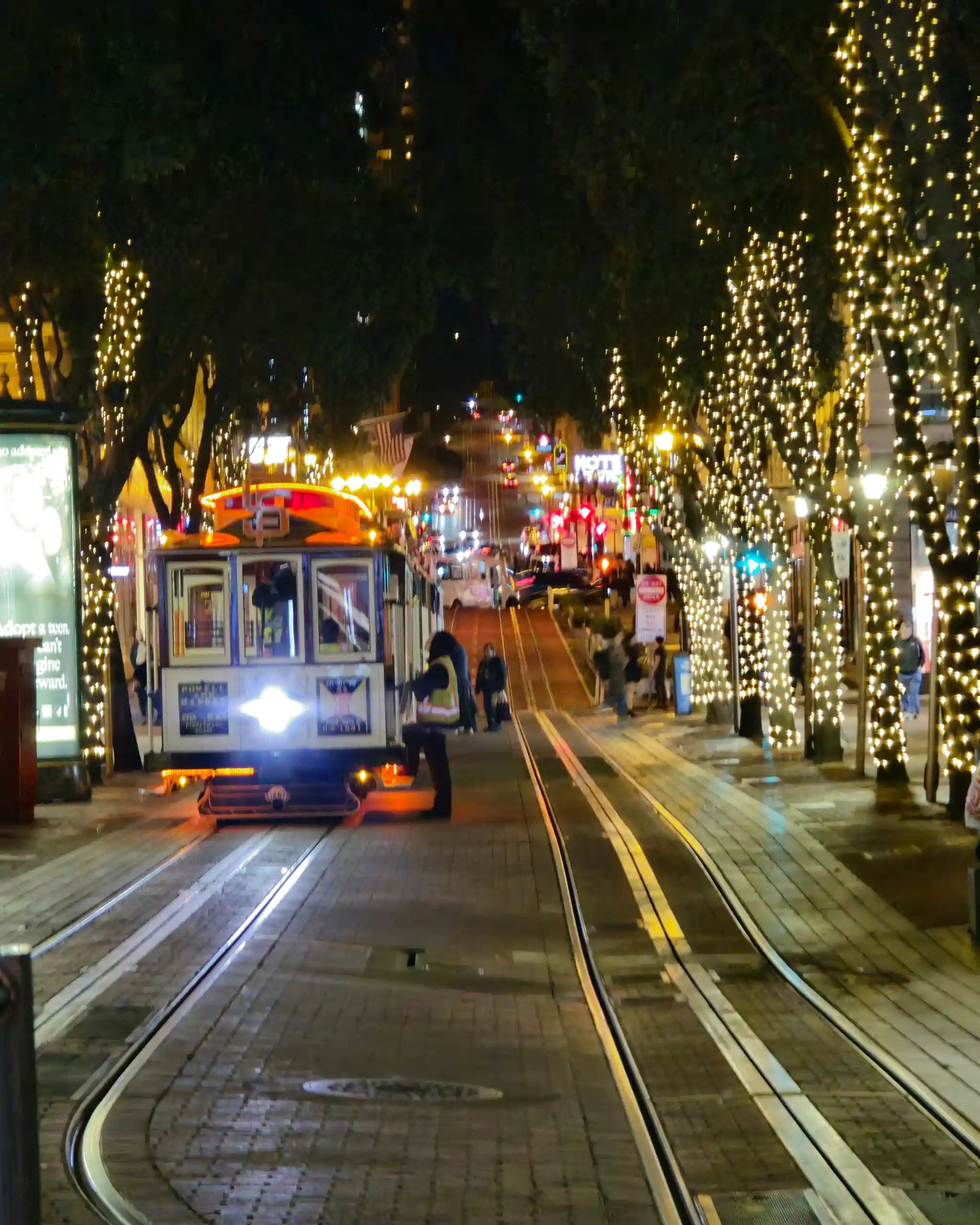 San Francisco at night with a streetcar